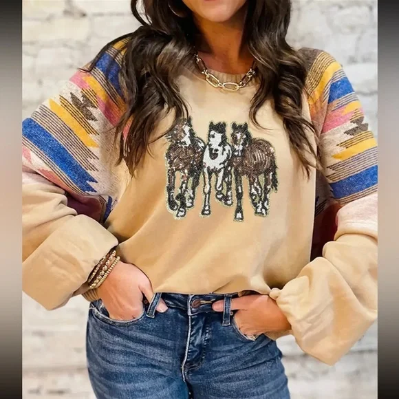 Beige Horse Sequin equestrian rodeo Aztec tribal sleeve sweatshirt pullover - Picture 2 of 7